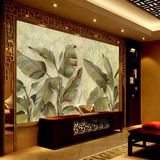 简约东南亚风格油画芭蕉叶大型壁画壁纸客厅卧室沙发电视背景墙纸