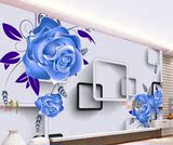 立体浪漫水晶蓝色玫瑰壁画定制电视沙发背景墙纸客厅卧室背景壁纸