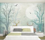 北欧地中海客厅卧室复古怀旧现代简约背景墙麋鹿深林壁画墙纸