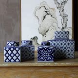 外贸青花瓷小摆件 四方陶瓷小罐子 现代中式博古架摆设