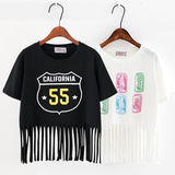 2016夏季韩版新款 印花55字母流苏下摆宽松圆领短款高腰女短袖t恤