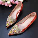 水钻中式婚鞋红色尖头鞋粗跟女结婚新娘鞋红鞋中跟龙凤绣旗袍单鞋