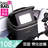 baginbag白色化妆盒带镜子高档双层韩国化妆包PU皮十字纹大化妆箱