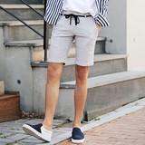 韩国代购 ABOKI 青春活力 竖条纹 修身 系带装饰 休闲短裤