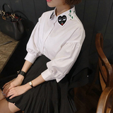 原创2016秋季韩国东大门刺绣领白色灯笼袖衬衫 女 长袖