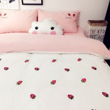 全棉日式韩式简约纯色绣花草莓水洗棉刺绣四件套双人床单床笠套件