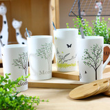 新款大树系列创意水杯田园风格马克杯哑光磨砂带盖带勺陶瓷杯子