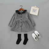 2016新款女童秋款韩版长袖娃娃衫 儿童经典灯笼袖黑白格子衬衫