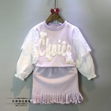 2016女童春季新款甜美字母泡泡袖t+短裙套装儿童甜美时尚两件套