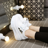 韩版新款镭射亮片系带浅口平跟厚底白色运动鞋个性磨砂布面女单鞋