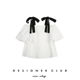 Designer club / 自制 春夏新品撞色飘带一字领卡门袖上衣女