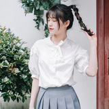 夏新日系小清新可爱甜美学院韩国全棉蝴蝶结白色泡泡袖短袖衬衫女