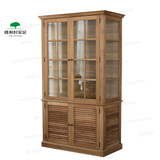欧式复古原木法式美式乡村实木儿童书柜双门白橡木玻璃书橱展示柜
