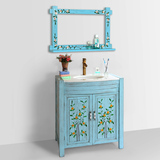 地中海浴室柜组合 实木洗手盆柜落地一体陶瓷盆 蓝色台下盆柜整体
