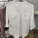 2016夏季新款棉麻衬衫韩范女式纯色双口袋七分袖条纹亚麻百搭衬衣