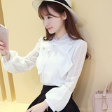 雪纺衫长袖2016秋季新款韩版蝴蝶结白色衬衫女装灯笼袖打底衫上衣