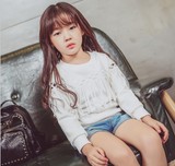 潮 韩国时尚童装 个性镂空流苏设计 薄款纯棉 白色女童卫衣T恤