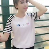 2016夏季装韩国潮学生纯棉宽松大码圆领条纹打底衫白色短袖女T恤