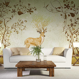 定制客厅背景墙壁纸温馨卧室婚房无缝墙纸个性创意树林麋鹿3d壁画