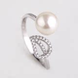 S925纯银 镶嵌天然淡水珍珠开口调节浪漫爱情戒指指环饰品女 时尚