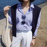 大司司 秋季新款 官网代购同款 海军风针织披肩 假两件条纹衬衫女