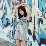 青蔷薇 韩版中长款无袖背心T恤女夏季宽松显瘦条纹印花上衣 T153