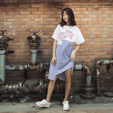 青蔷薇韩国夏季字母印花宽松短袖连衣裙学生条纹中长款T恤裙L745