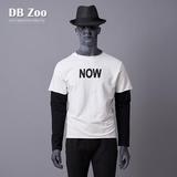 DB Zoo2016年春季潮男假两件长袖T恤全棉学院风印花T恤宽松白色潮