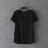 外贸女装 夏季新款韩版简约纯色个性领口破洞竹节棉短袖T恤打底衫