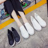 夏季透气小白鞋女百搭皮面帆布鞋女平跟韩版学生板鞋系带休闲女鞋
