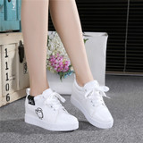 夏季白色帆布鞋女内增高厚底学生韩版字母卡通松糕鞋休闲鞋小白鞋