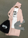 KOGIRL韩国实拍复古雪花粉色超长款带帽薄款针织开衫外套