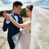 婚纱礼服2016新款长拖尾韩式新娘结婚长袖一字肩刘诗诗同款婚纱