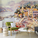 欧式油画客厅墙纸 复古手绘花园城市建筑电视背景墙壁纸 大型壁画