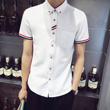 夏装短袖衬衫男士韩版青少年大码修身学生休闲班服潮纯色白色衬衣