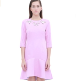 LL专柜正品代购一线女装2016春季新款显瘦纯色钉珠荷叶摆连衣裙
