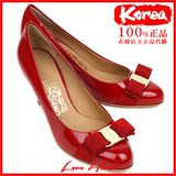 韩国正品代购菲拉格慕CARLA 7CM漆皮红色金扣蝴蝶结高跟女鞋16款