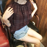 2016韩国新款七分袖性感露肩一字领格子衬衫上衣女泡泡袖娃娃衫夏