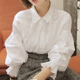 lrelia春季新品2016韩版纯棉白色泡泡灯笼袖衬衣女POLO领长袖衬衫