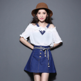 2016新款韩版时尚休闲显瘦一字领雪纺衫牛仔短裙套装两件套女夏季