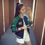 2016夏季新款韩版长袖短外套女立领上衣初秋拼色刺绣棒球服外套薄
