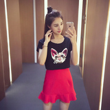 夏季新款2016韩版卡通套装女刺绣短袖T恤+纯色鱼尾短裙两件套D378