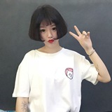 韩国ulzzang新款猫咪宽松短袖磨毛T恤学院风纯色简约百搭上衣女夏