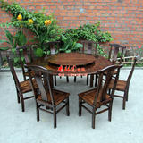 实木大圆桌椅 碳化火烧木餐桌椅组合 包间转盘圆桌中式仿古餐桌椅