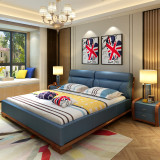 实木美式家具北欧皮床简约现代真皮床1.8米双人床橡木欧式床婚床