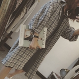 2016夏季女装韩版原宿bf宽松学院风百搭7分袖中长款格子衬衫外套