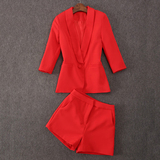 2016春装新款欧洲站时尚七分袖红色西装外套修身气质短裤套装夏女