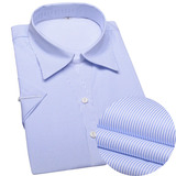 夏女士蓝条纹短袖衬衫银行工作服白底蓝色细条纹工装寸衫半袖衬衣