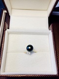 大溪地海水珍珠戒指 黑珍珠戒指 9-10mm 18k金镶钻石 开口戒圈