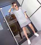 BELLA  正品2016秋装新品V领中袖细条纹韩版时尚连衣裙中长T恤女